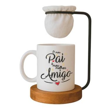 Imagem de Kit Caneca Porcelana 325ml com Coador de Café e Base de Madeira - 'O M