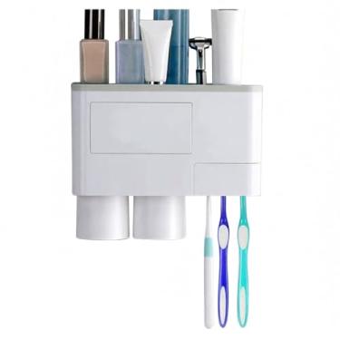 Imagem de Organizador com Dispenser de Creme Dental Espremedor Copo Magnético Gaveta Montado na Parede para Banheiro Ranhuras e Grande Espaço