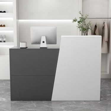 Imagem de Balcão de recepção moderno com armários e prateleiras de armazenamento para finalização de compra e varejo - ideal para casa, escritório, salão, lobby - cinza, configuração do lado esquerdo