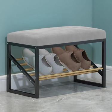 Imagem de Banco de sapateira estofado de veludo - Armazenamento de entrada elegante, banco de quarto confortável, organizador de moldura de metal para corredor, entrada, sala de estar, fim da cama, armário