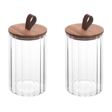 Imagem de Conjunto 02 Potes De Vidro Canelado Com Tampa Hermética De Acácia 880ml Wolff