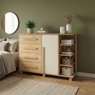Imagem de Cômoda Andorra 4 Gavetas 1 Porta C/ Nichos Organizadora Quarto Bebê Infantil - Cinamomo/off-white