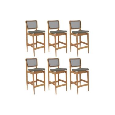 Imagem de Banqueta Cozinha Liz 1bmm009ca Premium Madeira Maciça Kit 6 Un Carvalho/linho Escuro/tela Grafite Kappesberg