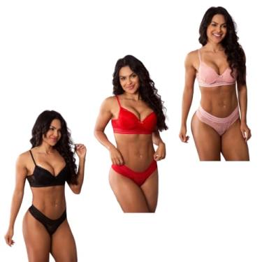 Imagem de Kit 5 Conjuntos Sutiã com Bojo e Calcinha Renda Sensual, Lingerie Feminina (Variadas, GG)