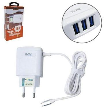 Imagem de Carregador de Tomada Bivolt com 3 Saidas Usb 4,8a e Cabo V8 1m Turbo -