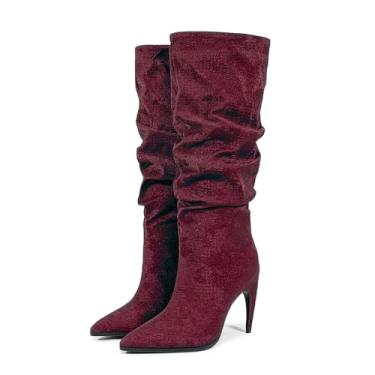Imagem de Rock88 Botas femininas de salto agulha, bico fino, salto agulha sem cadarço, salto alto plissado de cor sólida para festa de aniversário e vestido de encontro, vinho tinto 2,40