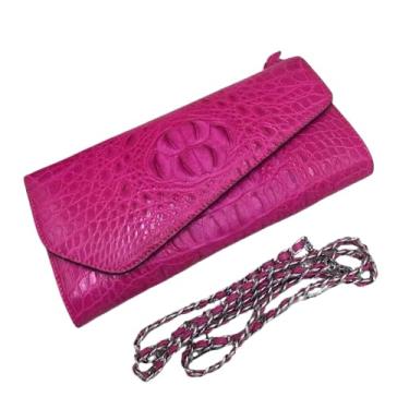 Imagem de Bolsa feminina de couro jacaré genuíno com corrente de aba feminina de couro de crocodilo bolsa de ombro única feminina, Rosa choque, 26cm(Length) x 12cm(Height) x 3cm(Deep)