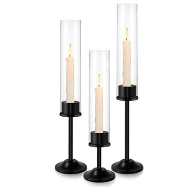 Imagem de Conjunto de 3 castiçais Hurricane, castiçais cônicos de metal com sombra de vela de vidro, suporte de vela moderno Hurricane, adequado para mesa de jantar, sala de estar, lareira (preto, conjunto de
