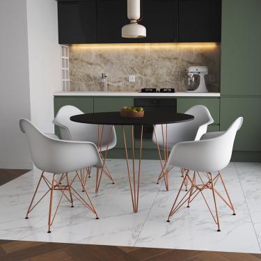 Imagem de Mesa Jantar Redonda 90cm Preta Clips 3 Pés com 4 Poltronas Eiffel Eames Daw Brancas Base Cobre