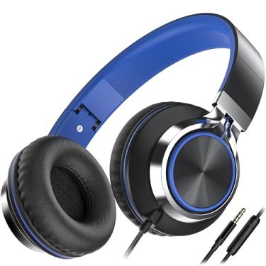 Imagem de Fones de ouvido com fio AILIHEN C8 supra-auriculares com microfone e controle de volume, estéreo, dobrável com fio de 3,5 mm para smartphones, laptop, computador, tablets, viagens (preto/azul)