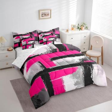 Imagem de Feelyou Conjunto de edredom abstrato com 7 peças, vermelho, preto, cinza, para crianças, meninos, meninas, arte abstrata, geométrico, moderno, geométrico, microfibra macia