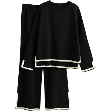 Imagem de 2 Piece Outfits Mulheres Vendas Conjuntos De Suéter Casual Manga Curta Malha Pullover Tops Perna Larga Calças Homewear Elegantlounge Conjuntos Silk Feel, Black, L