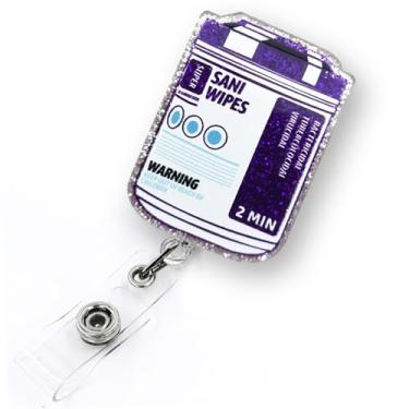 Imagem de Carretel de crachá retrátil Sani Wipes para enfermeira médica RN LPN e estudante de enfermagem | Suporte engraçado de carretel de crachá de saúde com clipe jacaré e cordão retrátil de nylon durável de