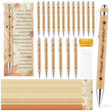 Imagem de 60 conjuntos de presentes de apreciação de funcionários de outono, 60 canetas de bambu com cartões comemorativos, lembrancinhas de festa de outono para adultos, presente de agradecimento de ação de