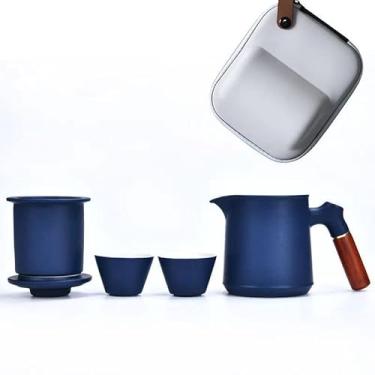 Imagem de Conjunto de chá, conjunto de xícara de chá de cerâmica portátil, conjunto de chá de Kung Fu para viagem, conjunto de bule de cerâmica com cabo de madeira maciça, coador de chá, tampa e 2 xícaras de
