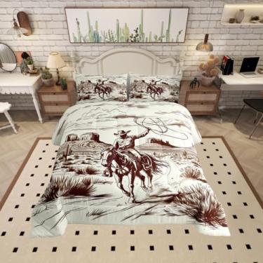 Imagem de Conjunto de cama vintage, estilo caubói do sudoeste, para decoração de quarto de crianças, adolescentes, retrô, cavalo, fazenda, poliéster, macio, bege, preto, marrom, 2 fronhas