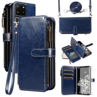 Imagem de Asuwish Capa de celular para Samsung Galaxy S20 Ultra 5G com protetor de tela de vidro temperado e cordão com zíper, porta-cartões, suporte para celular S20ultra 20S S 20 A20 S2O 20ultra G5 azul