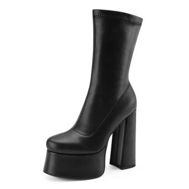 Imagem de Perisis Bota feminina de cano curto com plataforma GoGo, salto alto, redondo, com zíper, de couro, cano médio, para festa rave, Poliuretano balck, 38