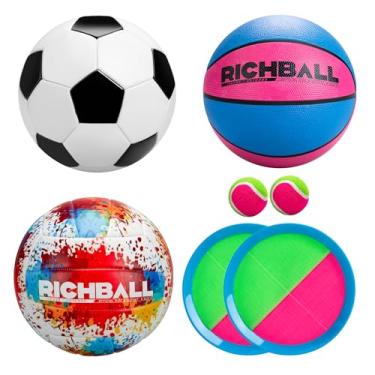 Imagem de Richball Conjunto de bola esportiva 4 em 1 para crianças – bola de futebol, basquete, vôlei e jogo de remo para meninos e meninas de 4 a 12 anos