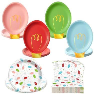 Imagem de OuMuaMua Conjunto de pratos e guardanapos de papel de Natal descartáveis, design de lâmpada de Natal resistente, suprimentos de festa, serve 50, conjunto de louça descartável chique para decoração de