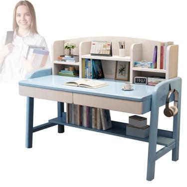 Imagem de Mesa de madeira Soild para computador com cabana, mesa de trabalho de escritório em casa com prateleiras de gaveta, mesa de estudo de escritório em casa para pequenos espaços, laptop, computador
