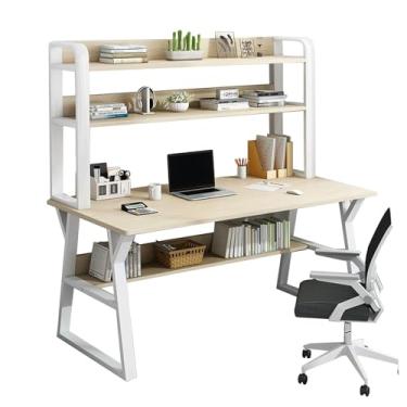Imagem de Mesa de computador com cabana e estante, mesa de estudo de escrita com prateleiras de armazenamento abertas, mesa de madeira simples moderna com moldura de metal, estação de trabalho, madeira