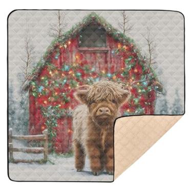 Imagem de Qilmy Tapete de brinquedo de vaca Christmas Highlands 127 cm x 127 cm, tapete macio à prova d'água para bebês pequenas, tapete antiderrapante lavável para cercadinho
