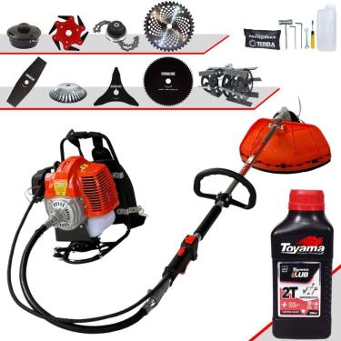 Imagem de Roçadeira Costal Terra GRC430 43cc 1,7HP C/ Carretel + Facas 2 Pontas, 3 Pontas, 6 Pontas, 40 Dentes, 80 Dentes, Trimmer, Escova, Enxada + Óleo Toyama