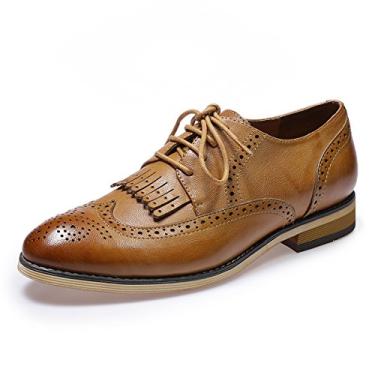 Imagem de Mona flying Sapato feminino de couro perfurado com cadarço Oxfords Brogue Wingtip Derby feminino, Marrom 1, 35