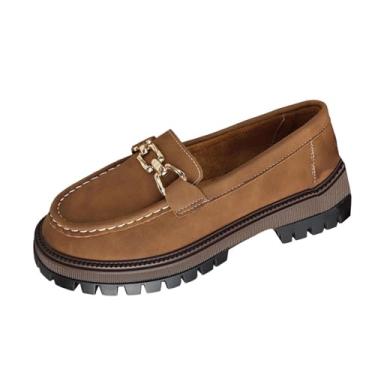 Imagem de Mocassins femininos de salto médio com bico redondo e salto grosso, estilo retrô para uso casual, Marrom, 34