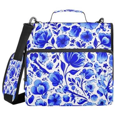 Imagem de SEHANY Fichário de zíper azul e branco com alça de ombro, capacidade para 500 folhas, vários bolsos, fichário com 3 anéis com zíper de 3 cm