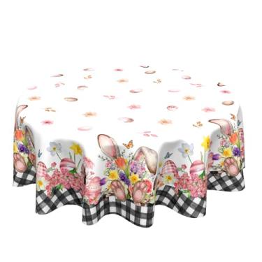 Imagem de Toalha de mesa Happy Easter redonda 152 cm toalha de mesa de orelhas de coelho da páscoa flores xadrez buffalo, resistente a manchas e rugas, lavável para cozinha, sala de jantar, festa, decoração