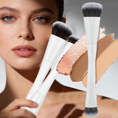 Imagem de 1 pincel de maquiagem de cabeça dupla, pincel de base angular, base redonda, ferramenta de maquiagem para mulheres (blush, 17,7 x 3 cm)