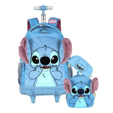 Imagem de Kit Lilo Stitch Mochila Rodas + Lancheira + Estojo Pelúcia, Azul