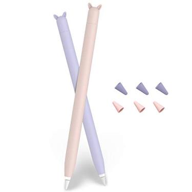 Imagem de Pacote com 2 capas fofas para Apple Pencil de 1ª geração para Apple Pencil, capa de silicone macio, acessórios compatíveis com iPad Pro 9,7"/10,5"/12,9" (rosa e roxo)