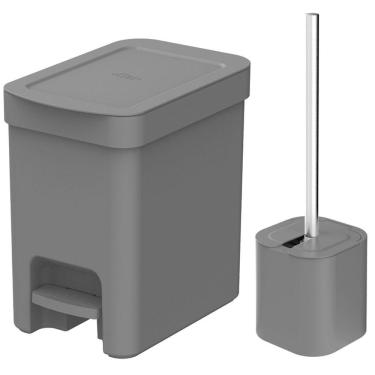 Imagem de Conjunto de Banheiro Lixeira de Pedal Com Aro Interno 6L e Escova Sanitária com Suporte OU Cinza.