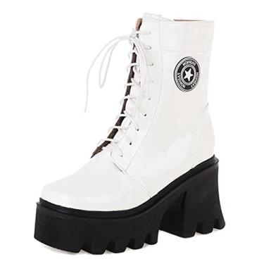 Imagem de Botas de plataforma femininas no tornozelo Chunky Block Punk com cadarço de salto alto gótico motociclismo botas de combate,White,4 UK/37 EU