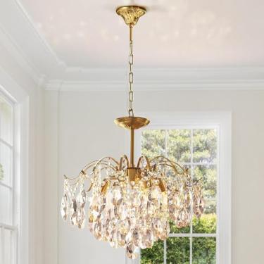 Imagem de Lustres de cristal de 20 "modernos dourados com 6 luzes suspensas iluminação pendente de gotas de chuva montagem embutida luminária de teto para sala de jantar quarto cozinha ilha/764