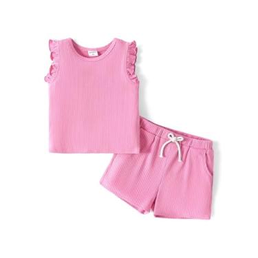 Imagem de PATPAT Conjunto de 2 peças de roupas infantis de verão com nervuras lisas de malha regata e shorts, Rosa fofo, 5-6 Anos