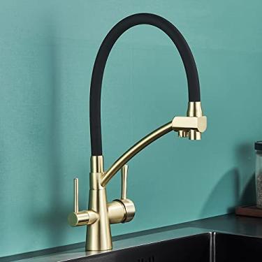 Imagem de Torneira quente e fria torneira da pia da cozinha torneira misturadora de filtro de água pura guindaste alças duplas cozinha de purificação, ouro escovado A, tamanho único