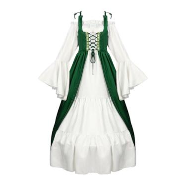 Imagem de Masbird Vestido medieval feminino medieval renascentista retrô casual ombro de fora manga flare vestido evasê, Verde, M