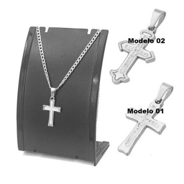 Imagem de Colar de cruz crucifixo prata cravejado ponto de luz strass masculino 