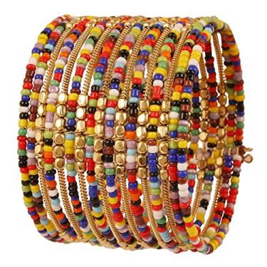 Imagem de Touchstone Pulseira indiana de contas coloridas de Bollywood com contas de metal batidas, pulseira larga aberta em tom dourado ou branco para mulheres., Contas de liga e vidro, Sem Pedra Preciosa