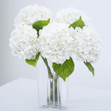Imagem de Waipfaru Flores artificiais de hortênsia branca de toque real de 53 cm com haste longa e folhas, flores de hortênsia sintética de látex completo para decoração de casa, festas, arranjos florais de