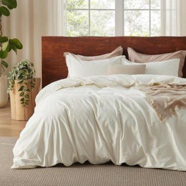 Imagem de Conjunto de Capa de Edredom Bedsure Queen 100% Algodão Lavado - Creme
