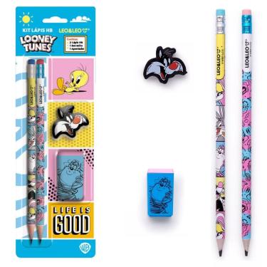 Imagem de Kit Escolar Com 2 Lápis Hb Apontador E Borracha Looney Tunes