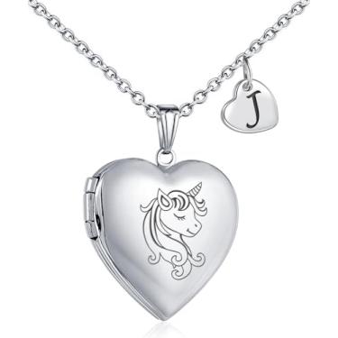 Imagem de YOUFENG Presentes de unicórnios para meninas, colar com medalhão de coração de amor que guarda fotos pingente medalhão esmalte presentes para mulheres, Aço inoxidável, Zircão