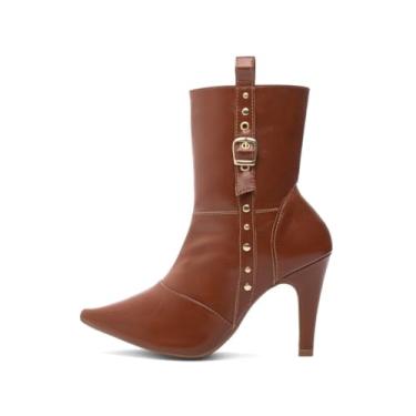 Imagem de EMILY ONLINE, Bota Feminina Cano Médio Bico Fino Salto Alto Fino 9cm em Napa com Zíper e Fivelas - Moda Inverno, Confortável e Estilosa (Caramelo, BR, Adulto, Numérico, 38)