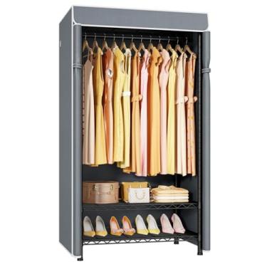 Imagem de ULIFHOME H5C Arara de roupas com capa, armário portátil para pendurar roupas, prateleiras cobertas resistentes, suportes de roupas independentes com prateleiras, rack de armário preto de carga máxima