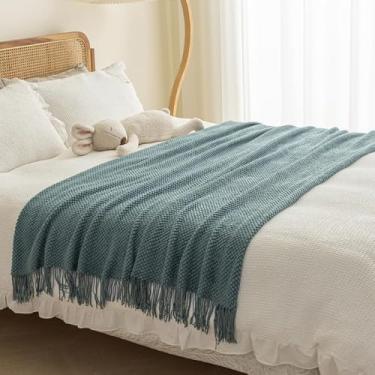 Imagem de Cachecol de cama de cor sólida corredor de cama de hotel com borla cobertor de sofá de malha macio e confortável protetor de cama de quarto decoração para cama de solteiro queen king size - azul ||127